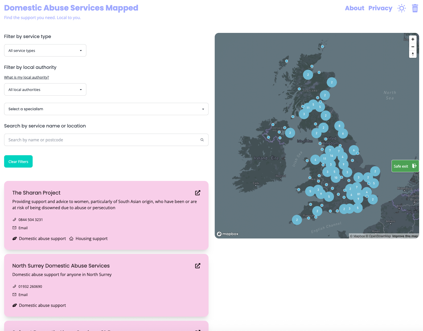 Screenshot of a website titled “Domestic Abuse Services Mapped” showing a search and filter interface on the left and a map of the UK with service location markers on the right. Two example services are listed below, with pink cards showing details and contact options.