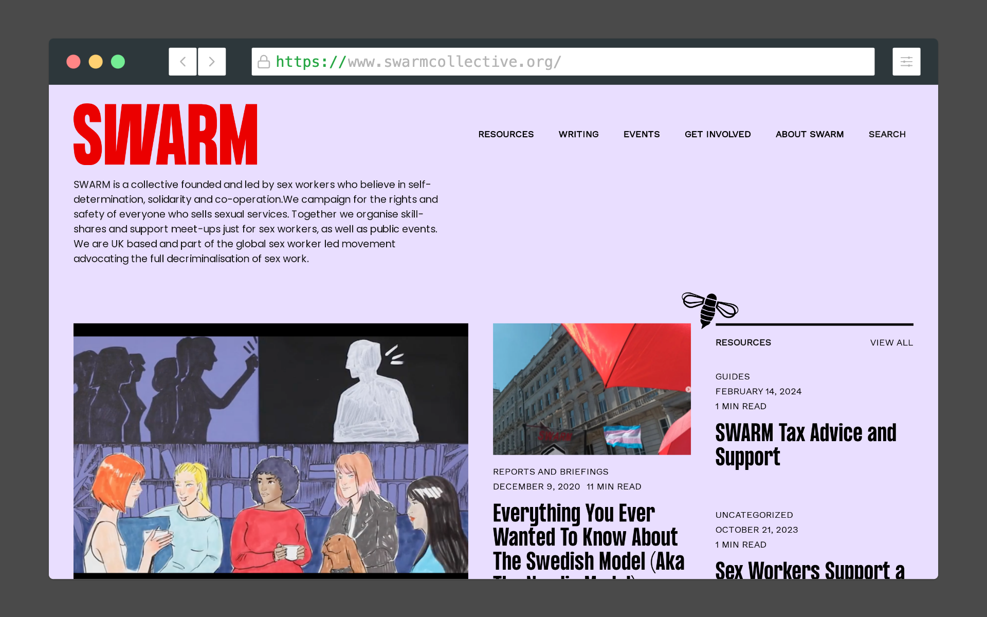 An image of the home page of the website for the advoacy group SWARM.