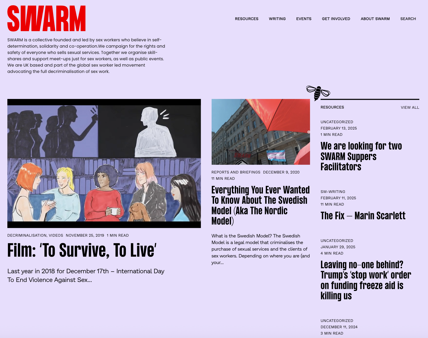 Screenshot of the SWARM (Sex Worker Advocacy and Resistance Movement) homepage. The page includes a bold red “SWARM” logo, an illustrated video still, a list of articles with publication dates, and a navigation bar with links to resources, writing, events, and more. The background is lavender with black text.